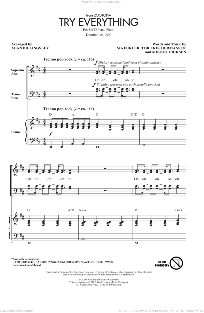 Try Everything (from Zootopia) (arr. Alan Billingsley) sheet music for choir (SATB: soprano, alto, tenor, bass) by Alan Billingsley, Shakira, Mikkel Eriksen, Sia Furler and Tor Erik Hermansen, intermediate skill level