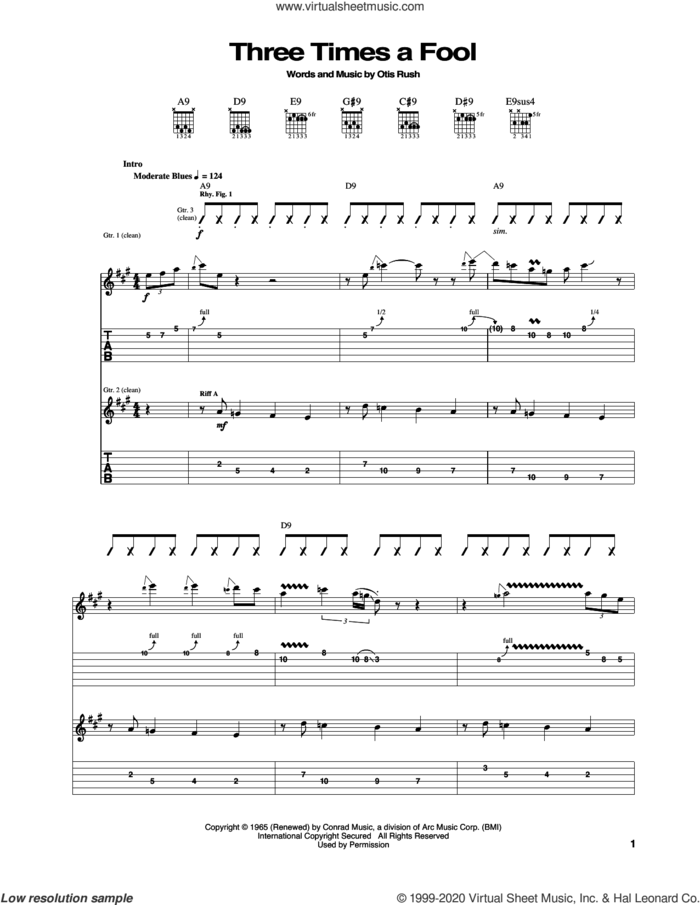 Three Times A Fool sheet music for guitar (tablature) by Otis Rush, intermediate skill level