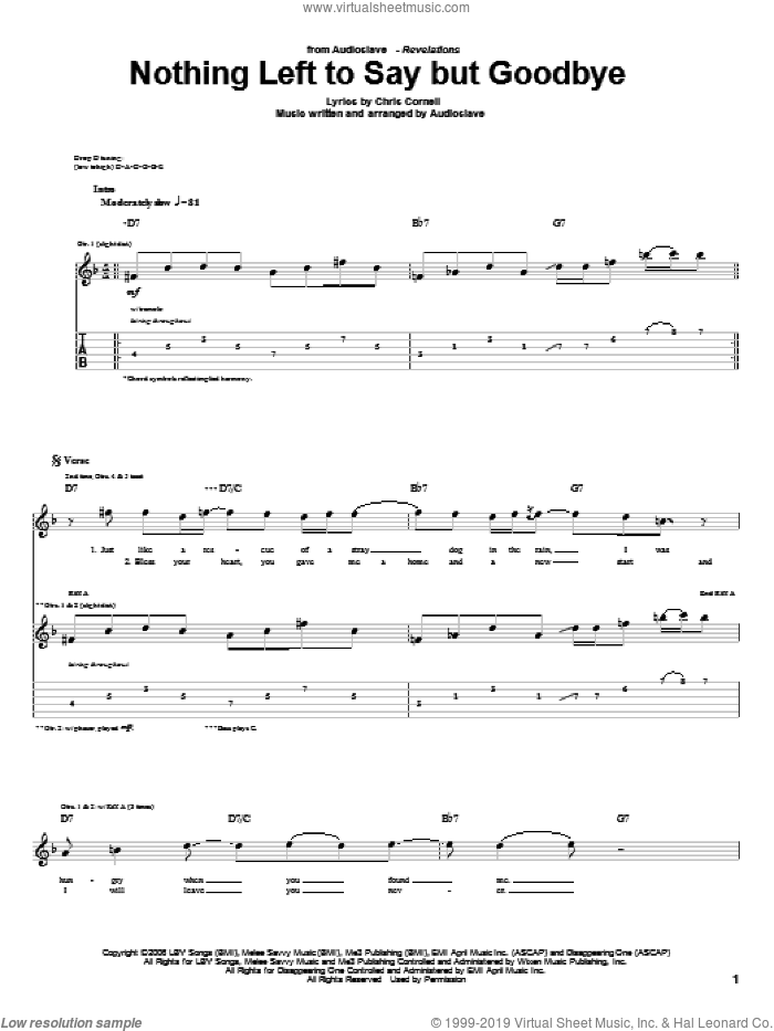 Nothing Left To Say But Goodbye sheet music for guitar (tablature) by Audioslave and Chris Cornell, intermediate skill level