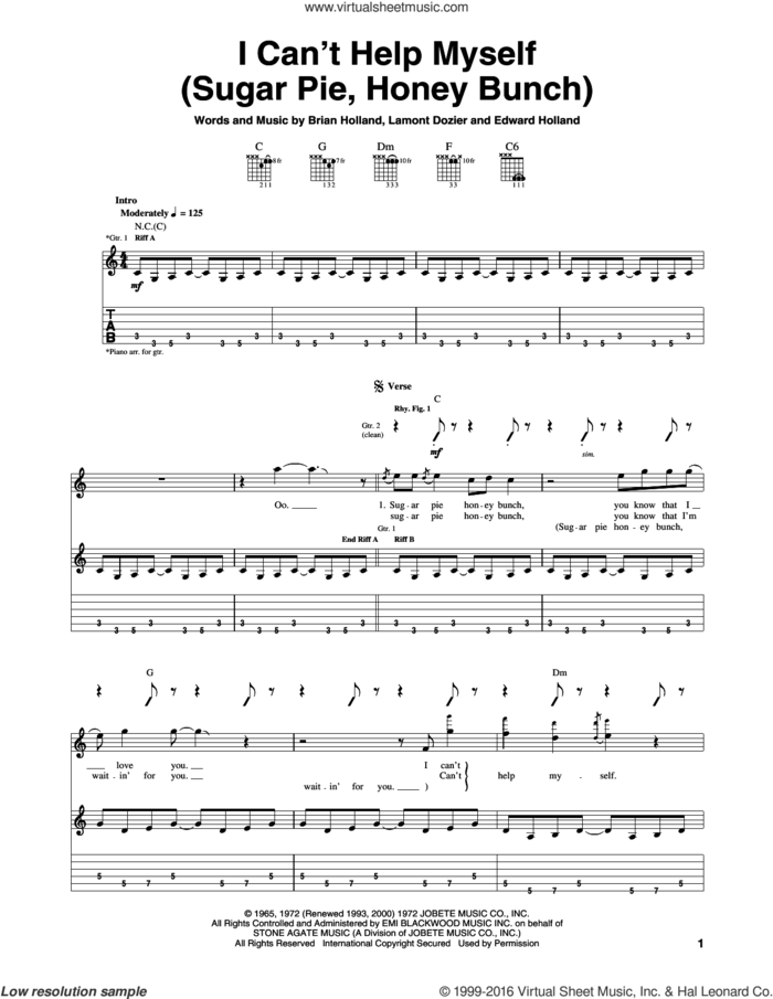 I Can't Help Myself (Sugar Pie, Honey Bunch) sheet music for guitar (tablature) by The Four Tops, Brian Holland, Edward Holland Jr. and Lamont Dozier, intermediate skill level