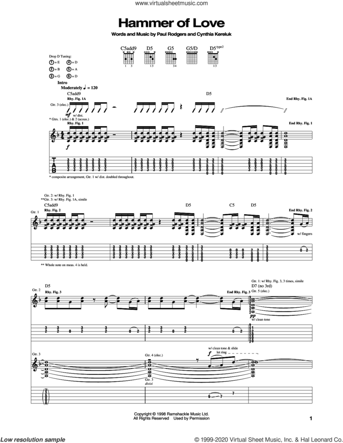 Hammer Of Love sheet music for guitar (tablature) by Bad Company, Cynthia Kereluk and Paul Rodgers, intermediate skill level