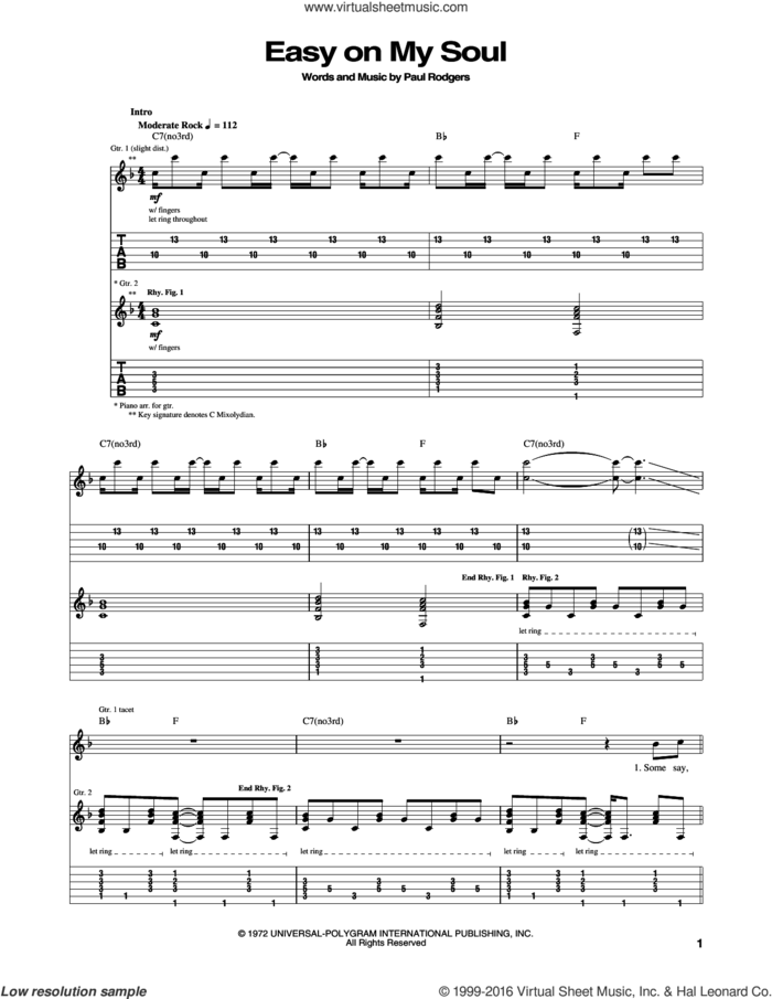 Easy On My Soul sheet music for guitar (tablature) by Bad Company and Paul Rodgers, intermediate skill level