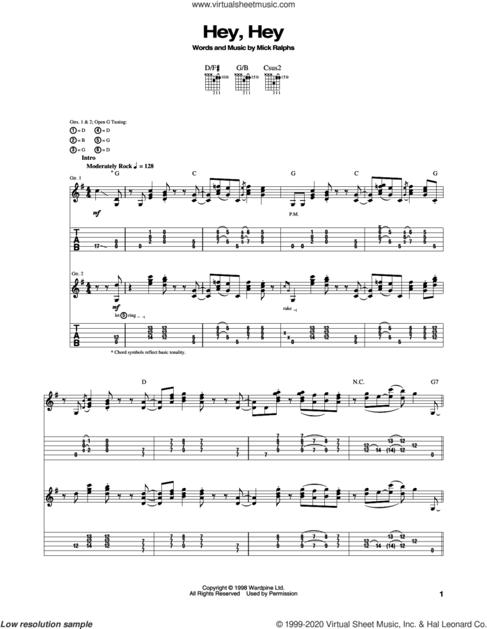 Hey, Hey sheet music for guitar (tablature) by Bad Company and Mick Ralphs, intermediate skill level