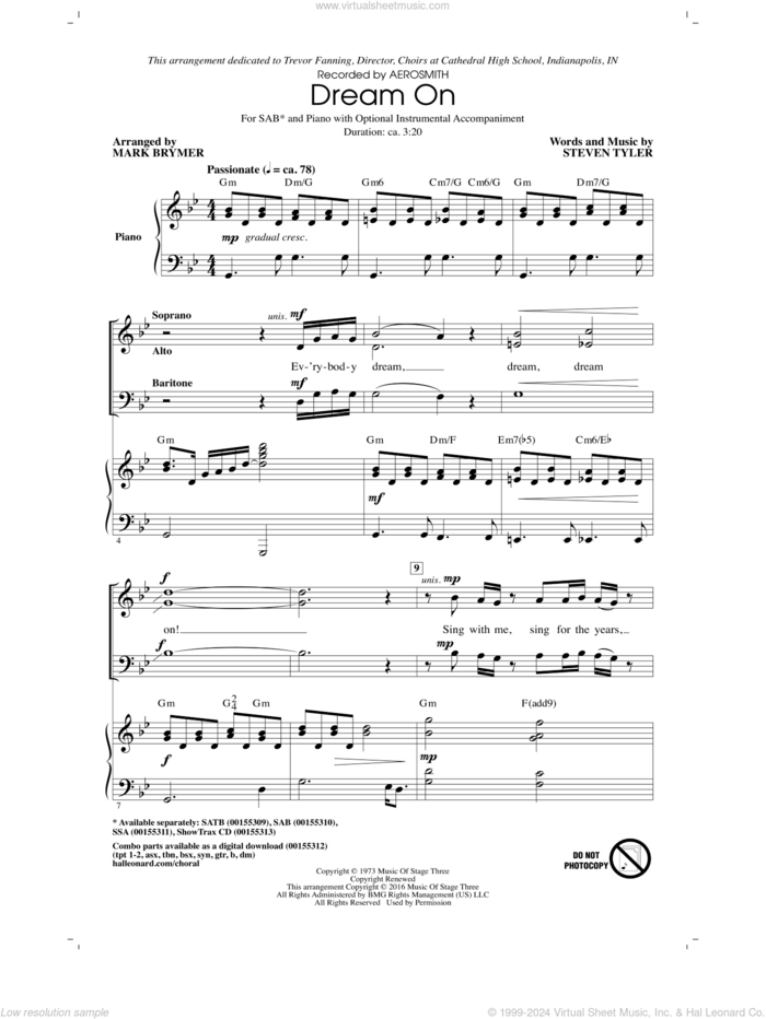 Dream On (arr. Mark Brymer) sheet music for choir (SAB: soprano, alto, bass) by Steven Tyler, Mark Brymer and Aerosmith, intermediate skill level