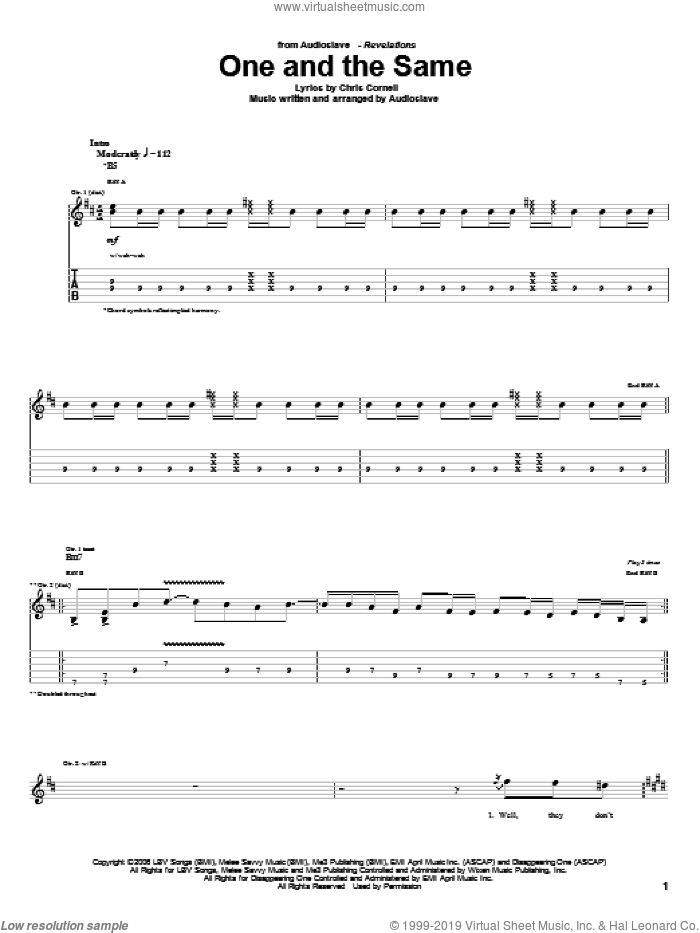 One And The Same sheet music for guitar (tablature) by Audioslave and Chris Cornell, intermediate skill level