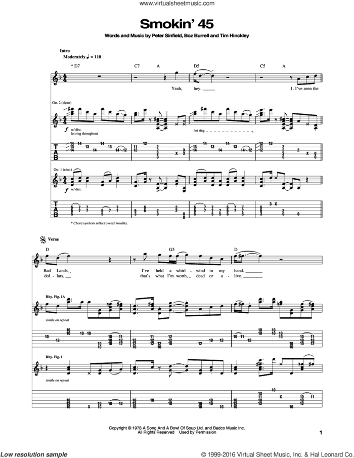 Smokin' 45 sheet music for guitar (tablature) by Bad Company, Boz Burrell, Peter Sinfield and Tim Hinckley, intermediate skill level