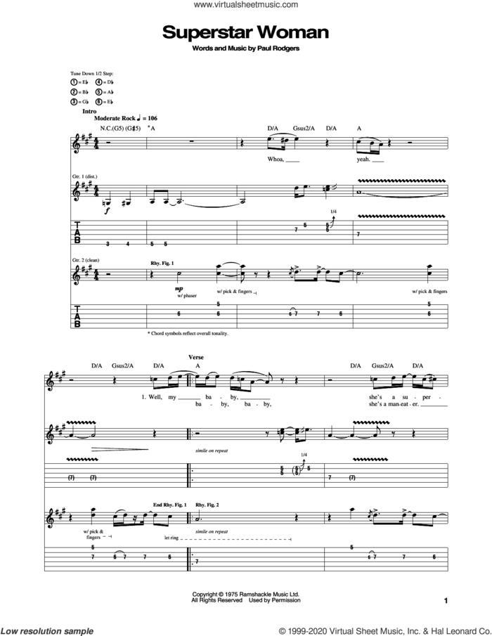 Superstar Woman sheet music for guitar (tablature) by Bad Company and Paul Rodgers, intermediate skill level
