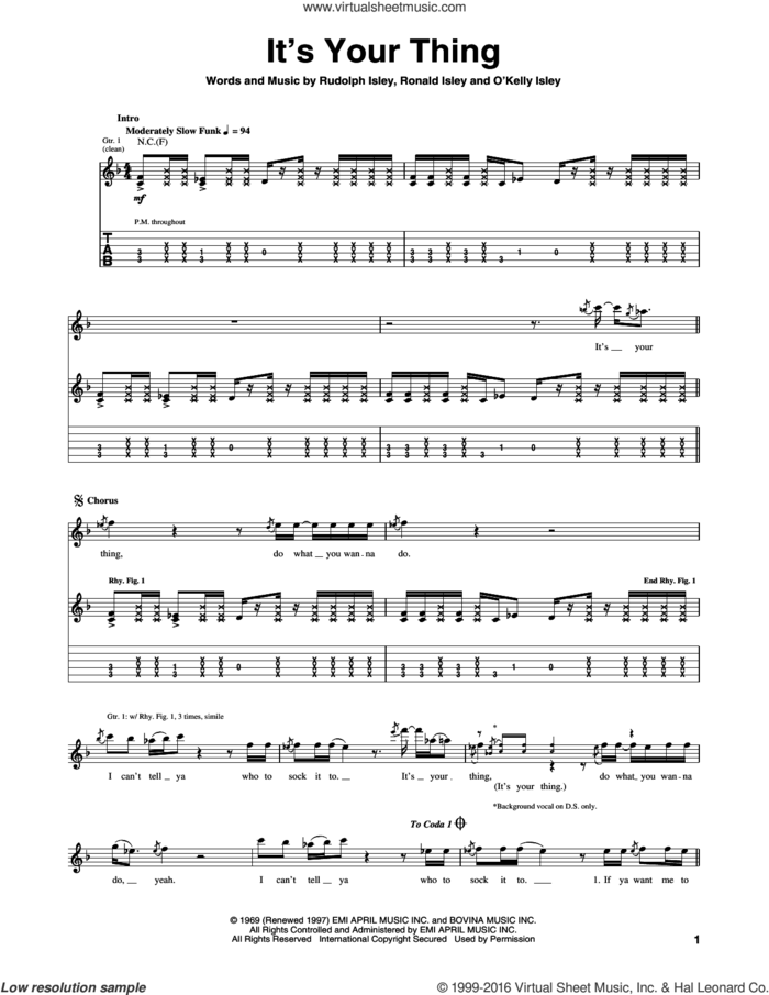 It's Your Thing sheet music for guitar (tablature) by The Isley Brothers, O Kelly Isley, Ronald Isley and Rudolph Isley, intermediate skill level