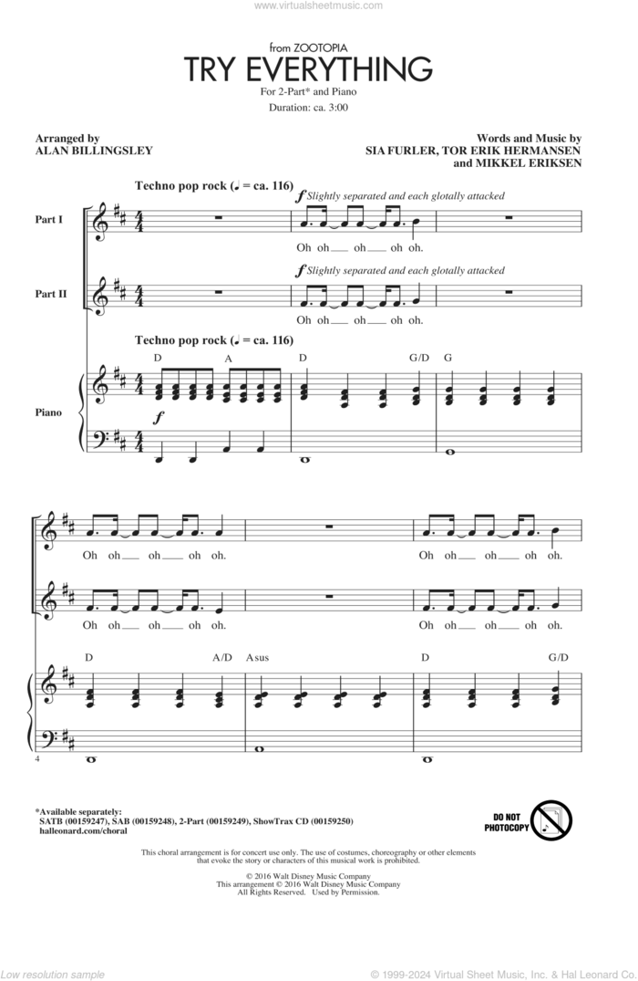 Try Everything (from Zootopia) (arr. Alan Billingsley) sheet music for choir (2-Part) by Alan Billingsley, Shakira, Mikkel Eriksen, Sia Furler and Tor Erik Hermansen, intermediate duet