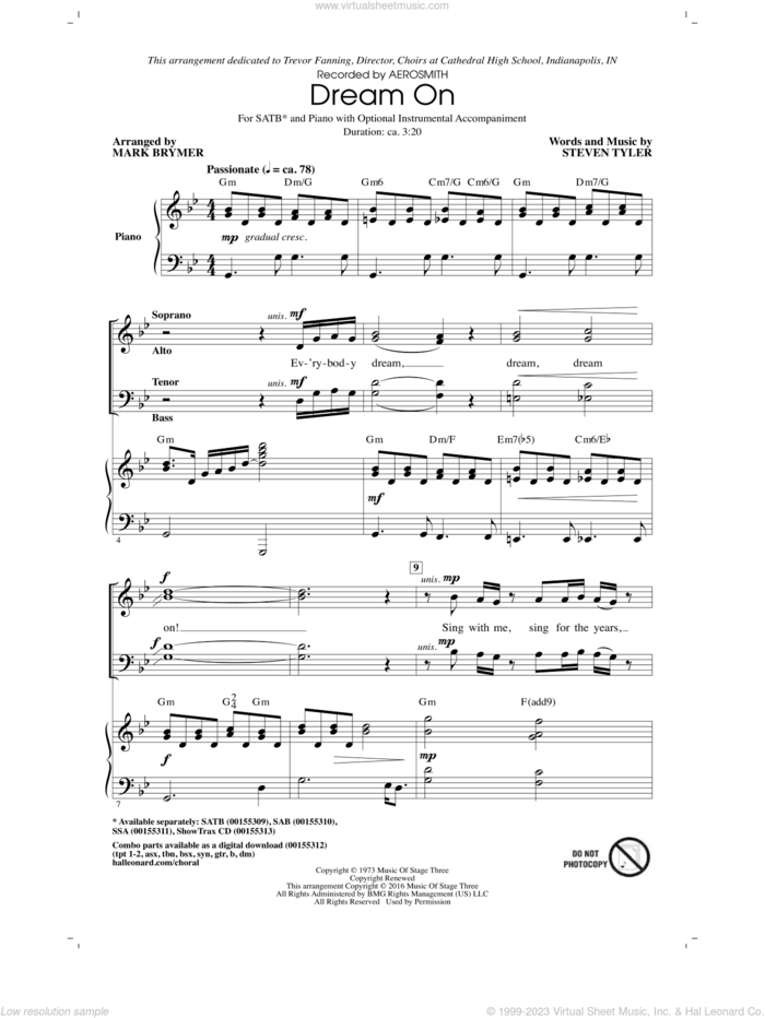 Dream On (arr. Mark Brymer) sheet music for choir (SATB: soprano, alto, tenor, bass) by Steven Tyler, Mark Brymer and Aerosmith, intermediate skill level