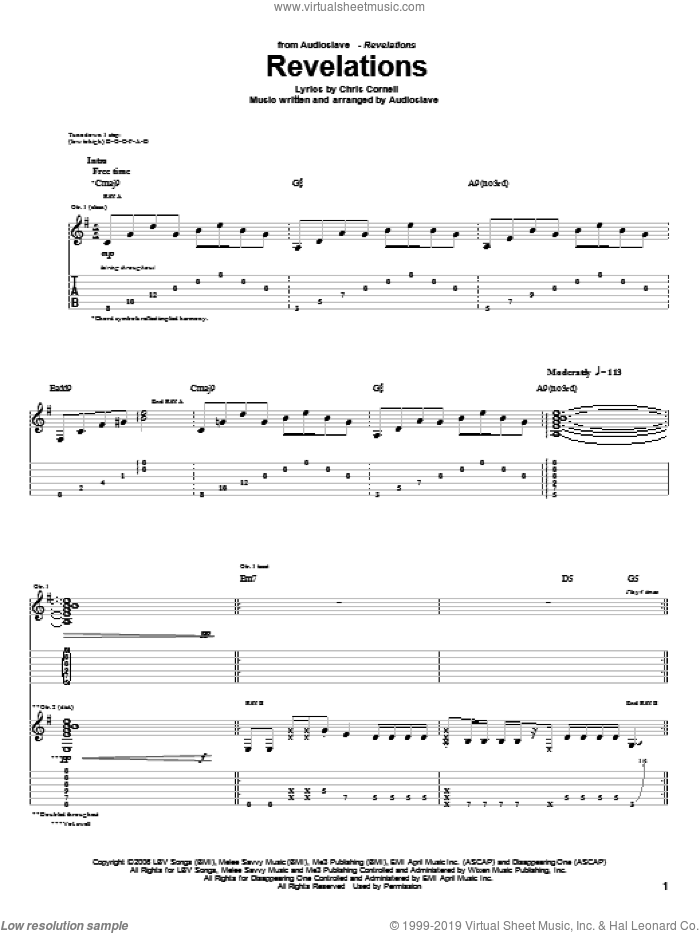 Revelations sheet music for guitar (tablature) by Audioslave and Chris Cornell, intermediate skill level