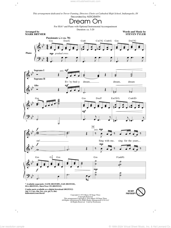 Dream On (arr. Mark Brymer) sheet music for choir (SSA: soprano, alto) by Steven Tyler, Mark Brymer and Aerosmith, intermediate skill level