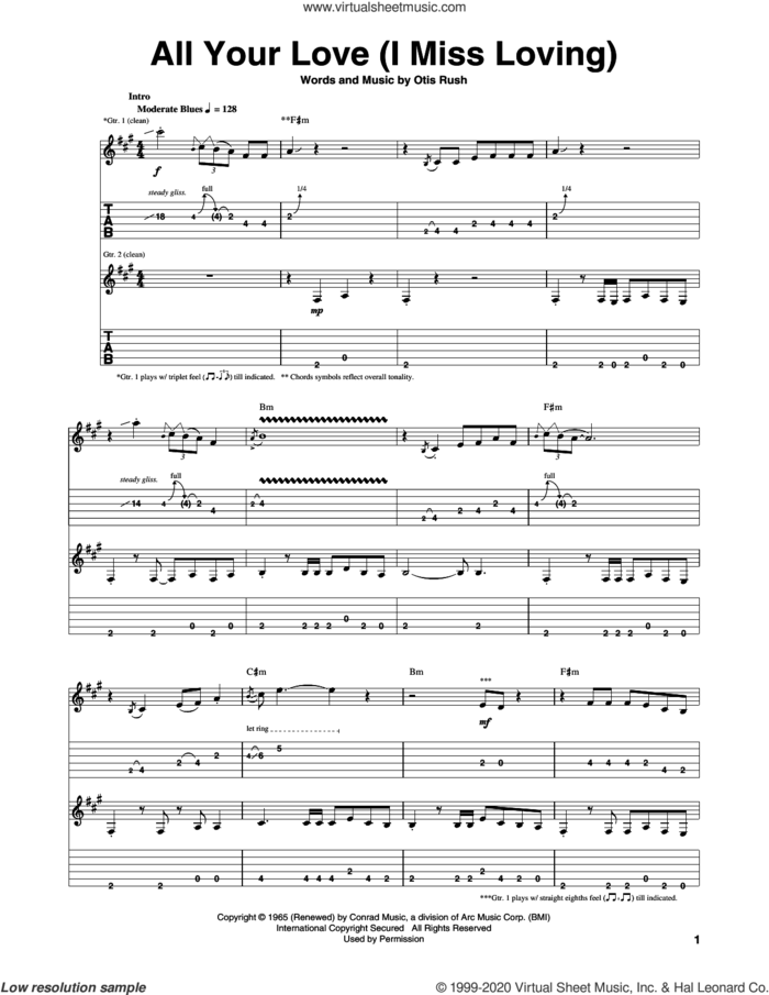 All Your Love (I Miss Loving) sheet music for guitar (tablature) by Eric Clapton and Otis Rush, intermediate skill level