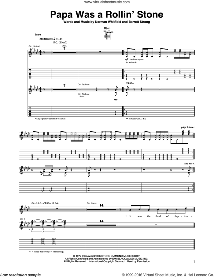 Papa Was A Rollin' Stone sheet music for guitar (tablature) by The Temptations, George Michael, Barrett Strong and Norman Whitfield, intermediate skill level