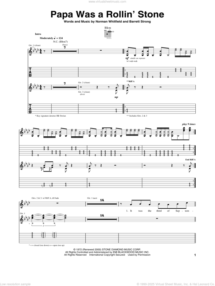 Papa Was A Rollin' Stone sheet music for guitar (tablature) by The Temptations, George Michael, Barrett Strong and Norman Whitfield, intermediate skill level