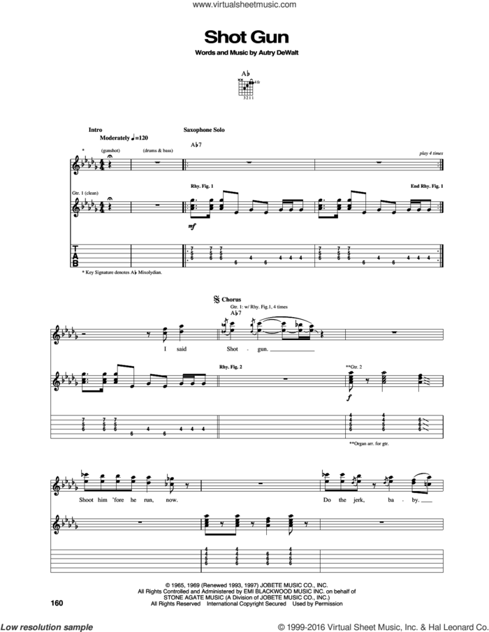 Shotgun sheet music for guitar (tablature) by Vanilla Fudge and Autry DeWalt, intermediate skill level
