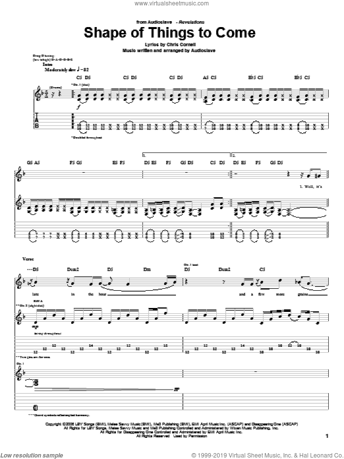 Shape Of Things To Come sheet music for guitar (tablature) by Audioslave and Chris Cornell, intermediate skill level