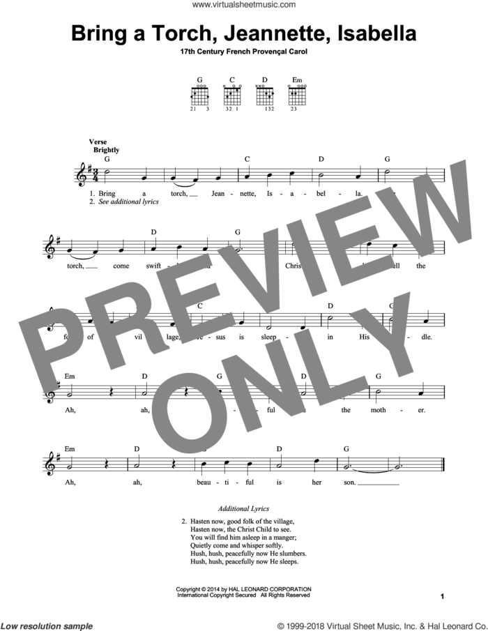Bring A Torch, Jeannette, Isabella sheet music for guitar solo (chords) by Anonymous and Miscellaneous, easy guitar (chords)