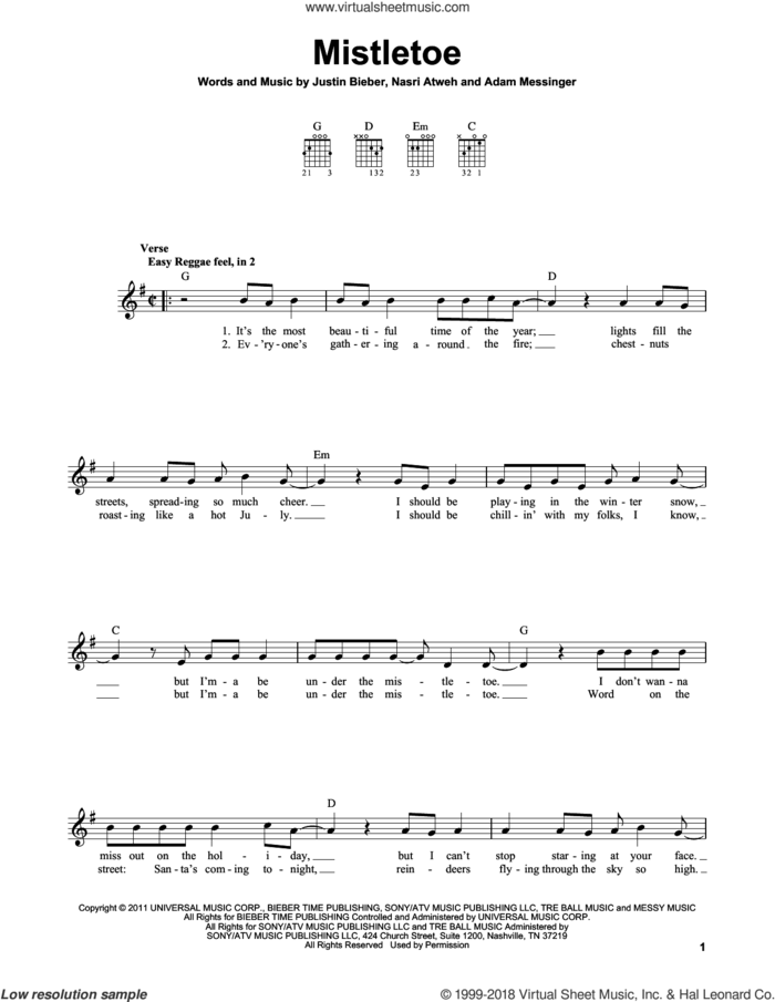 Mistletoe sheet music for guitar solo (chords) by Justin Bieber, Adam Messinger and Nasri Atweh, easy guitar (chords)