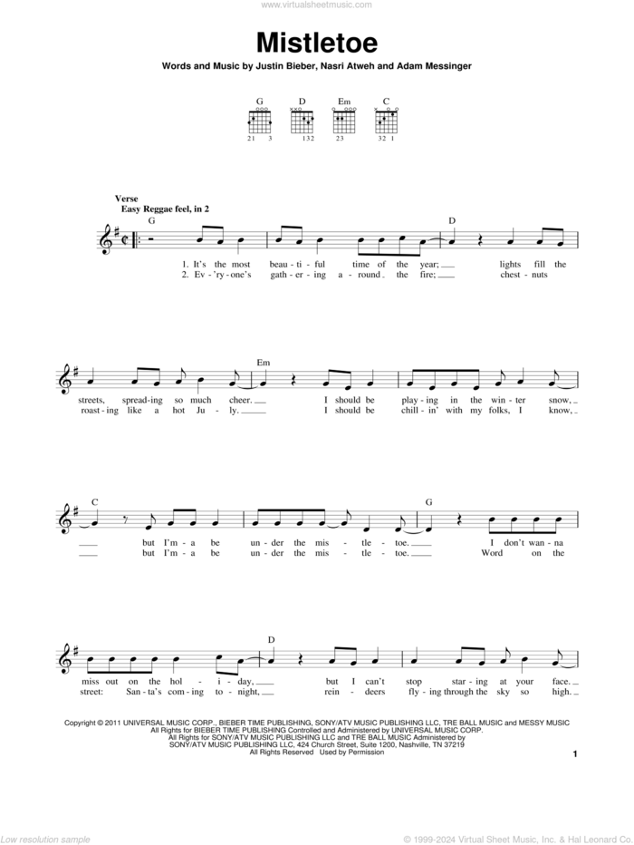 Mistletoe sheet music for guitar solo (chords) by Justin Bieber, Adam Messinger and Nasri Atweh, easy guitar (chords)