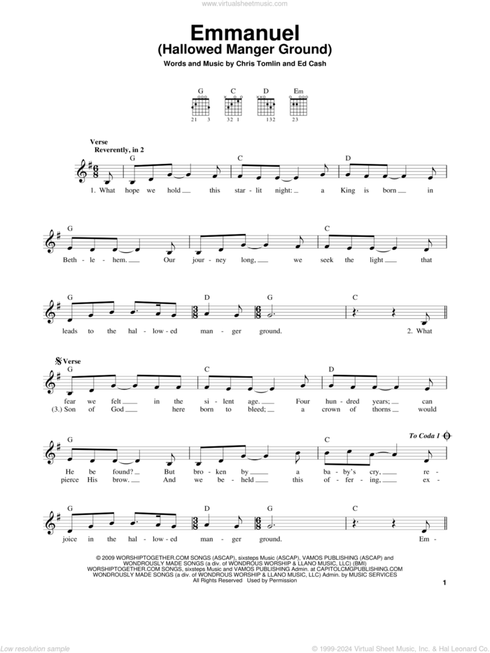 Emmanuel (Hallowed Manger Ground) sheet music for guitar solo (chords) by Chris Tomlin and Ed Cash, easy guitar (chords)