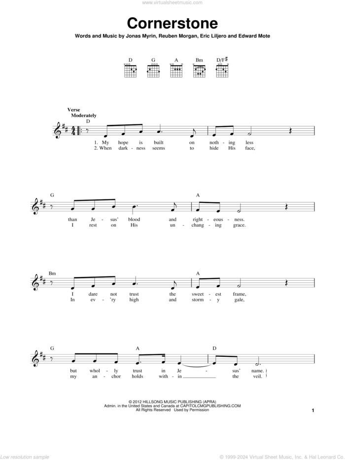 Cornerstone sheet music for guitar solo (chords) by Hillsong Live, Eric Liljero, Jonas Myrin and Reuben Morgan, easy guitar (chords)