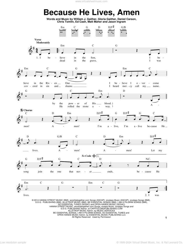 Because He Lives, Amen sheet music for guitar solo (chords) by William J. Gaither, Chris Tomlin, Daniel Carson, Ed Cash, Gloria Gaither, Jason Ingram and Matt Maher, easy guitar (chords)