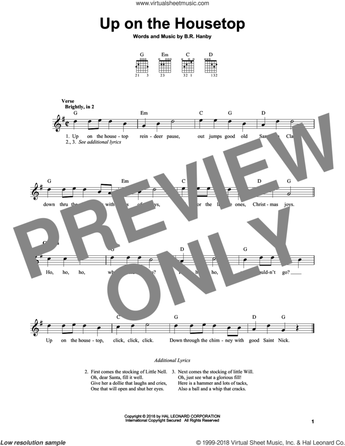 Up On The Housetop sheet music for guitar solo (chords) by Benjamin Hanby, easy guitar (chords)