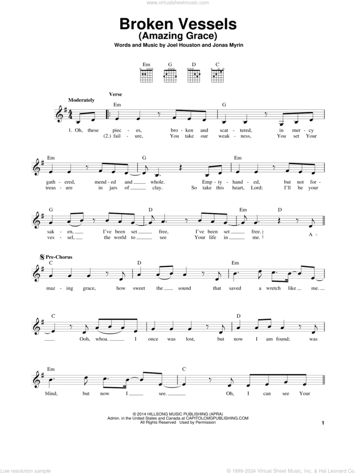 Broken Vessels (Amazing Grace) sheet music for guitar solo (chords) by Joel Houston, Hillsong Worship and Jonas Myrin, easy guitar (chords)