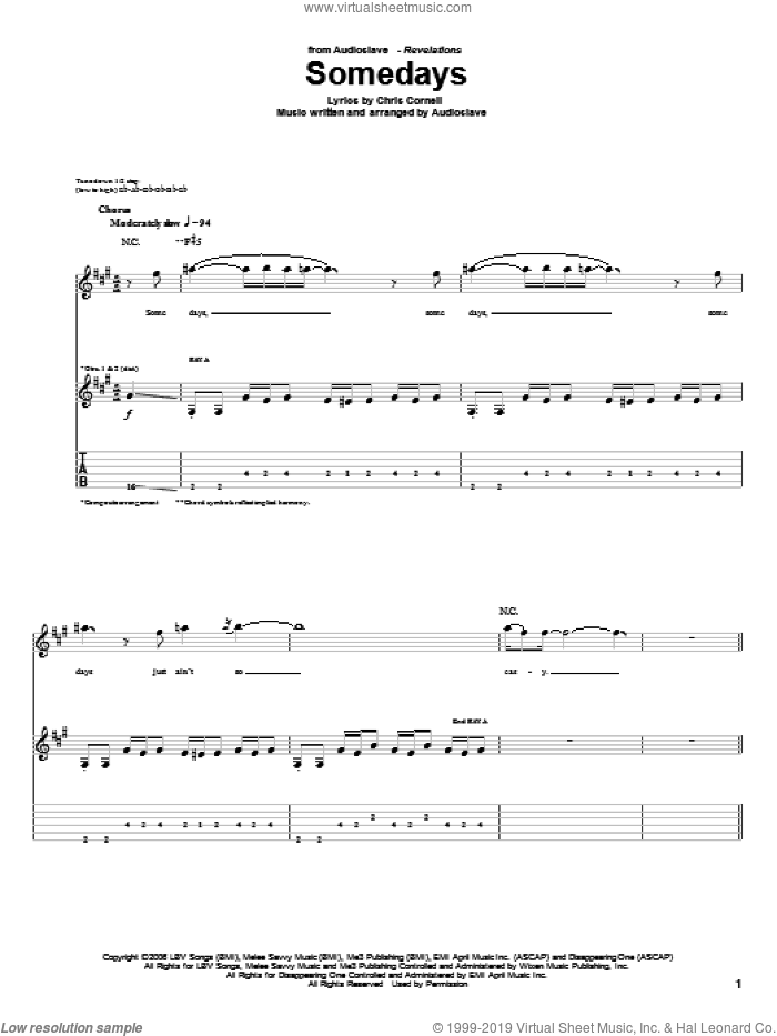 Somedays sheet music for guitar (tablature) by Audioslave and Chris Cornell, intermediate skill level