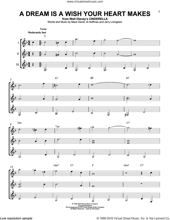 A Dream Is A Wish Your Heart Makes (from Cinderella) sheet music for guitar ensemble by Ilene Woods, Linda Ronstadt, Miscellaneous, Al Hoffman, Jerry Livingston, Mack David and Mack David, Al Hoffman and Jerry Livingston, wedding score, intermediate skill level