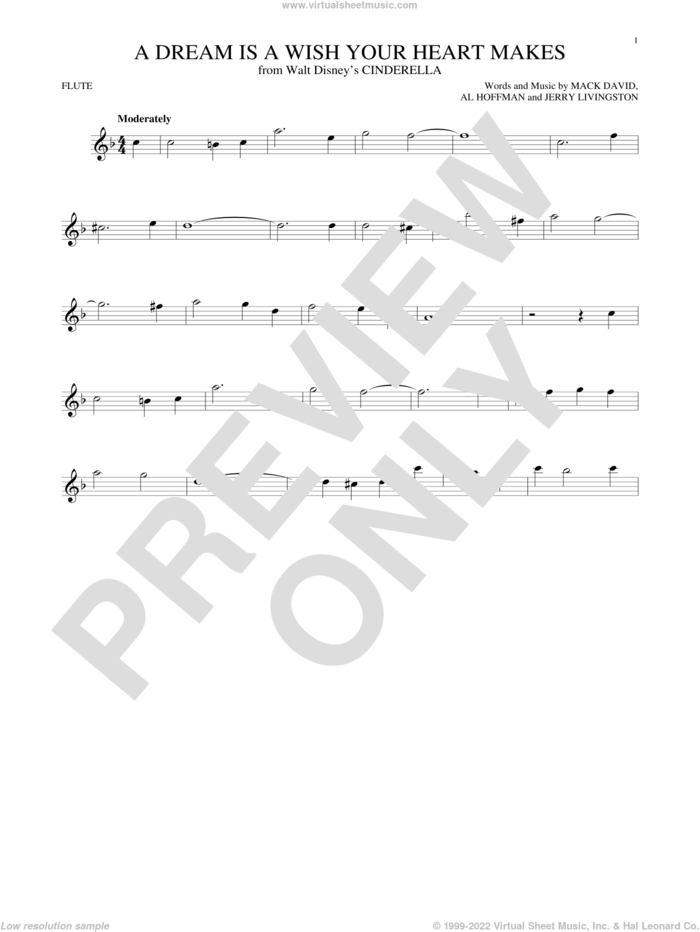 A Dream Is A Wish Your Heart Makes (from Cinderella) sheet music for flute solo by Ilene Woods, Linda Ronstadt, Al Hoffman, Jerry Livingston, Mack David and Mack David, Al Hoffman and Jerry Livingston, wedding score, intermediate skill level