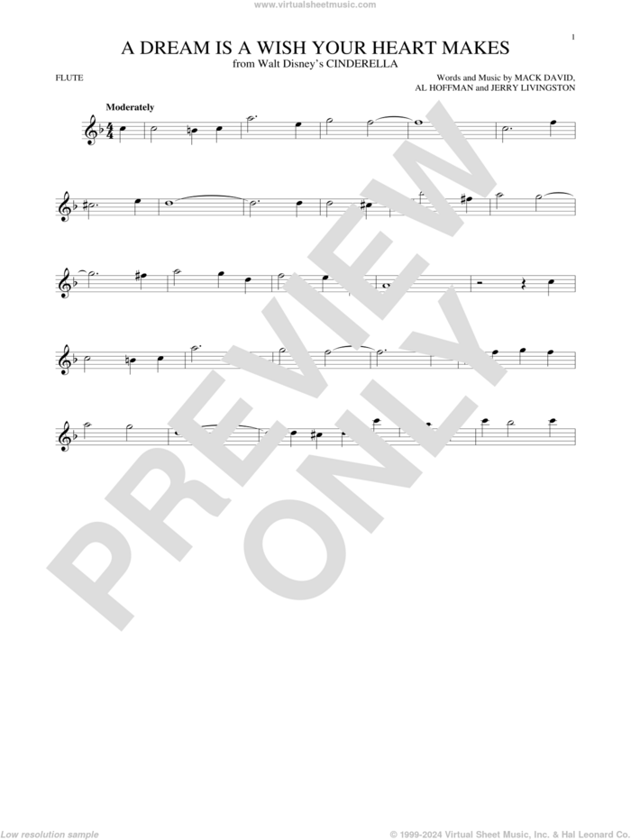 A Dream Is A Wish Your Heart Makes (from Cinderella) sheet music for flute solo by Ilene Woods, Linda Ronstadt, Al Hoffman, Jerry Livingston, Mack David and Mack David, Al Hoffman and Jerry Livingston, wedding score, intermediate skill level