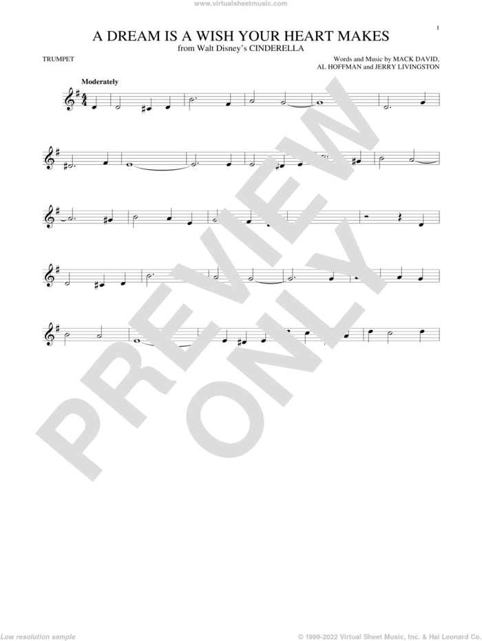 A Dream Is A Wish Your Heart Makes (from Cinderella) sheet music for trumpet solo by Al Hoffman, Linda Ronstadt, Jerry Livingston, Mack David and Mack David, Al Hoffman and Jerry Livingston, wedding score, intermediate skill level