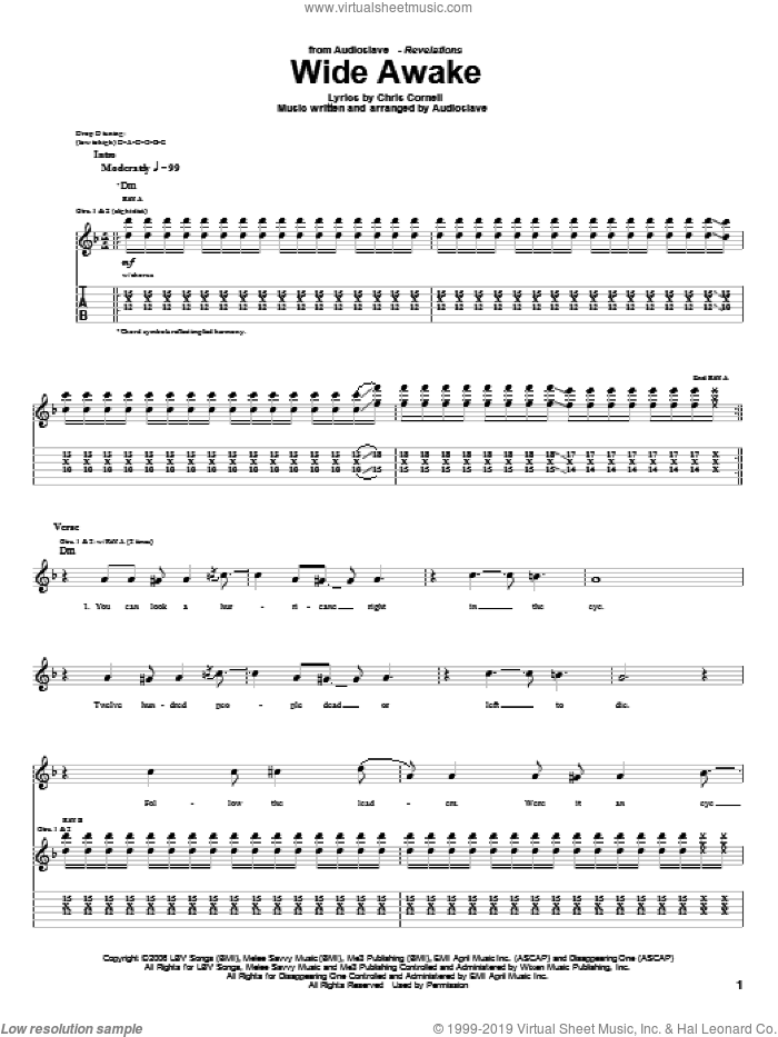 Wide Awake sheet music for guitar (tablature) by Audioslave and Chris Cornell, intermediate skill level