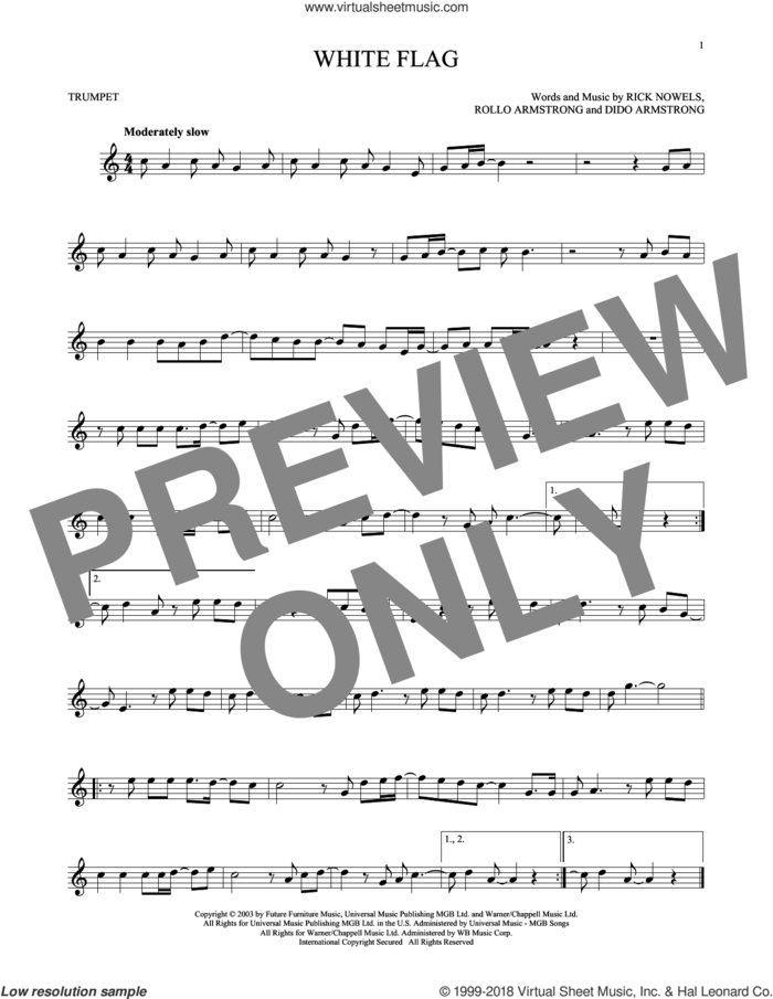 White Flag sheet music for trumpet solo by Dido Armstrong, Rick Nowels and Rollo Armstrong, intermediate skill level