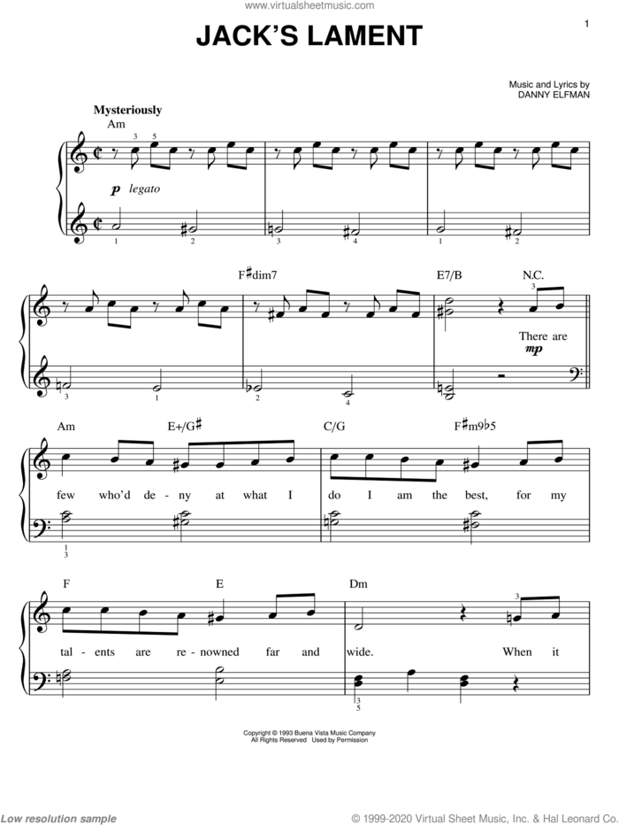 Jack's Lament (from The Nightmare Before Christmas) sheet music for piano solo by Danny Elfman and The Nightmare Before Christmas (Movie), easy skill level