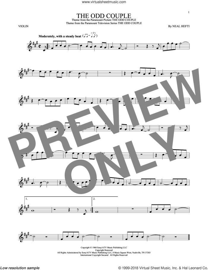 The Odd Couple sheet music for violin solo by Sammy Cahn and Neal Hefti, intermediate skill level