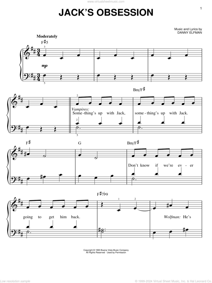 Jack's Obsession (from The Nightmare Before Christmas) sheet music for piano solo by Danny Elfman and The Nightmare Before Christmas (Movie), easy skill level