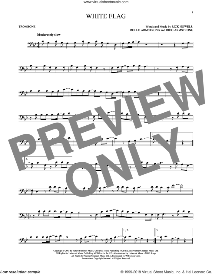 White Flag sheet music for trombone solo by Dido Armstrong, Rick Nowels and Rollo Armstrong, intermediate skill level