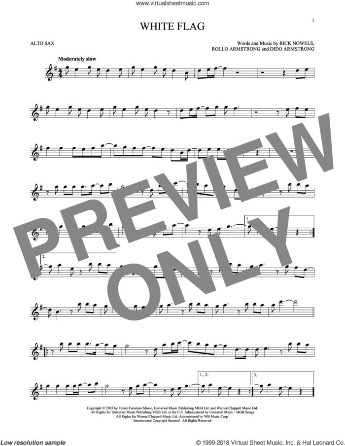 White Flag sheet music for alto saxophone solo by Dido Armstrong, Rick Nowels and Rollo Armstrong, intermediate skill level