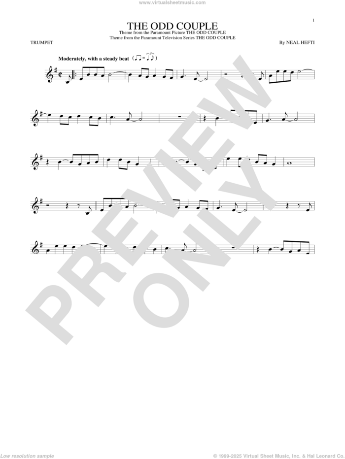 The Odd Couple sheet music for trumpet solo by Sammy Cahn and Neal Hefti, intermediate skill level