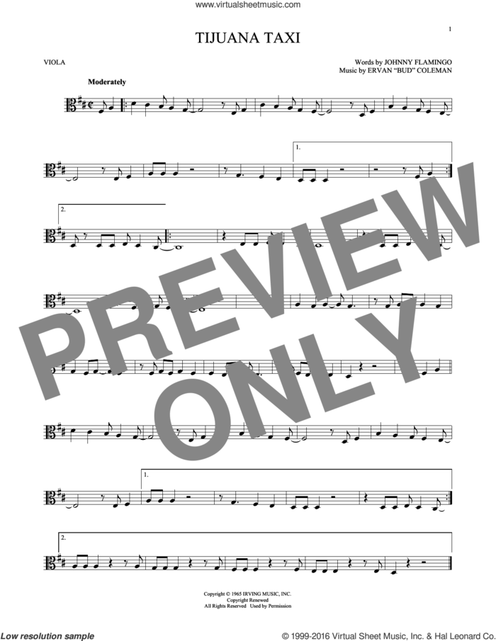 Tijuana Taxi sheet music for viola solo by Herb Alpert & The Tijuana Brass, Ervan 'Bud' Coleman and Johnny Flamingo, intermediate skill level