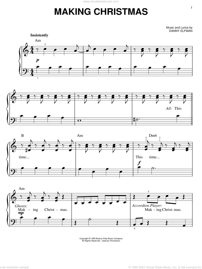 Making Christmas (from The Nightmare Before Christmas) sheet music for piano solo by Danny Elfman and The Nightmare Before Christmas (Movie), easy skill level
