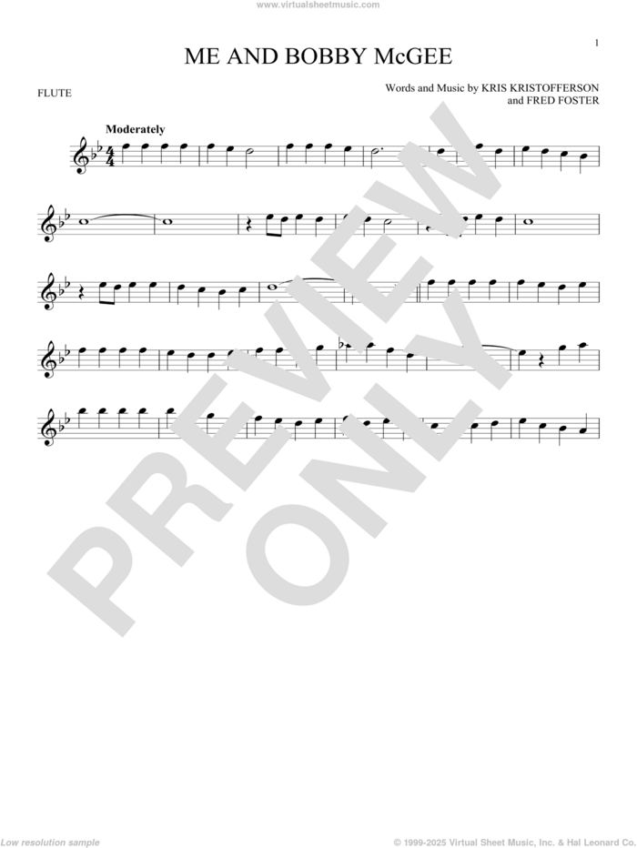 Me And Bobby McGee sheet music for flute solo by Kris Kristofferson, Janis Joplin, Roger Miller and Fred Foster, intermediate skill level