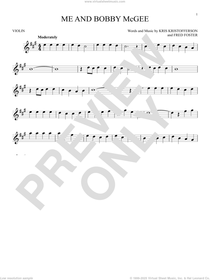 Me And Bobby McGee sheet music for violin solo by Kris Kristofferson, Janis Joplin, Roger Miller and Fred Foster, intermediate skill level