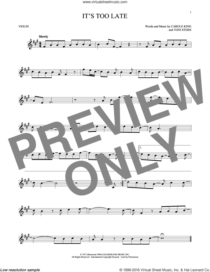 It's Too Late sheet music for violin solo by Carole King, Gloria Estefan and Toni Stern, intermediate skill level
