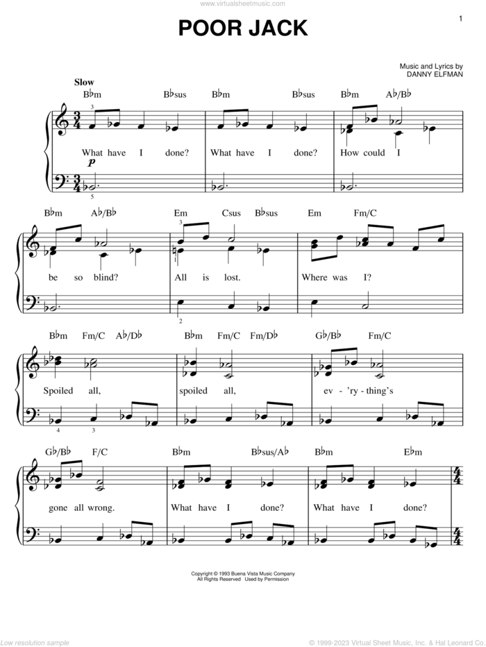 Poor Jack (from The Nightmare Before Christmas) sheet music for piano solo by Danny Elfman and The Nightmare Before Christmas (Movie), easy skill level