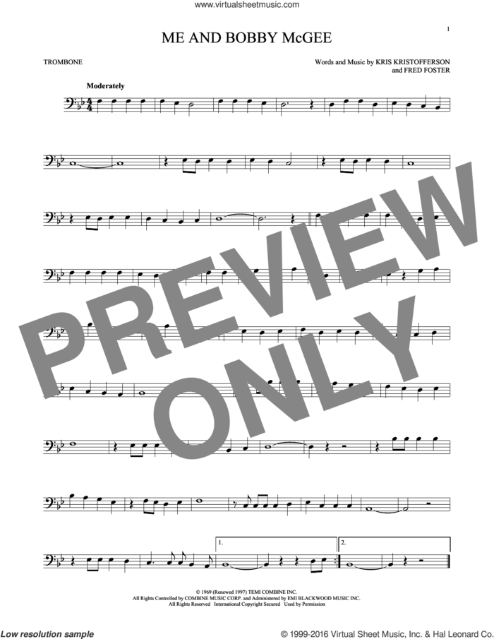 Me And Bobby McGee sheet music for trombone solo by Kris Kristofferson, Janis Joplin, Roger Miller and Fred Foster, intermediate skill level