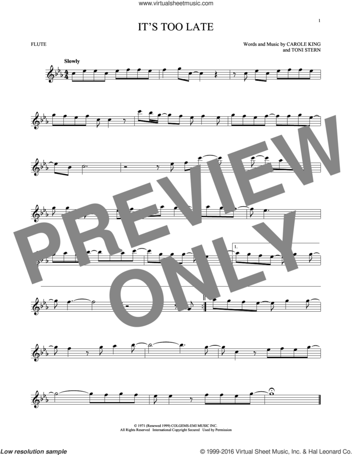 It's Too Late sheet music for flute solo by Carole King, Gloria Estefan and Toni Stern, intermediate skill level